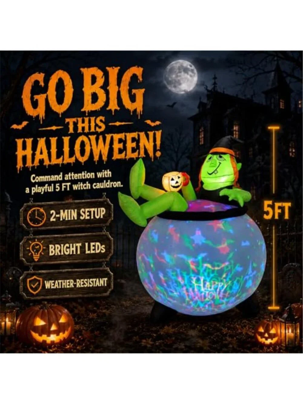 5 FT Halloween Inflatable Witch Cauldron, LED Outdoor Yard Decoration
